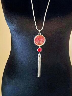 Silver Pendant Necklace with Red Resin Disc and Tassel